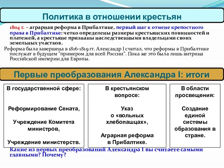 1804 г. – аграрная реформа в Прибалтике, первый шаг к отмене крепостного