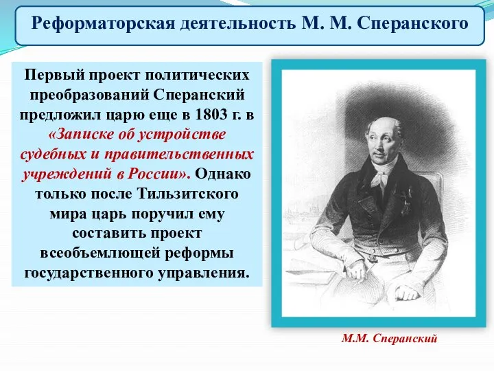 Первый проект политических преобразований Сперанский предложил царю еще в 1803 г. в