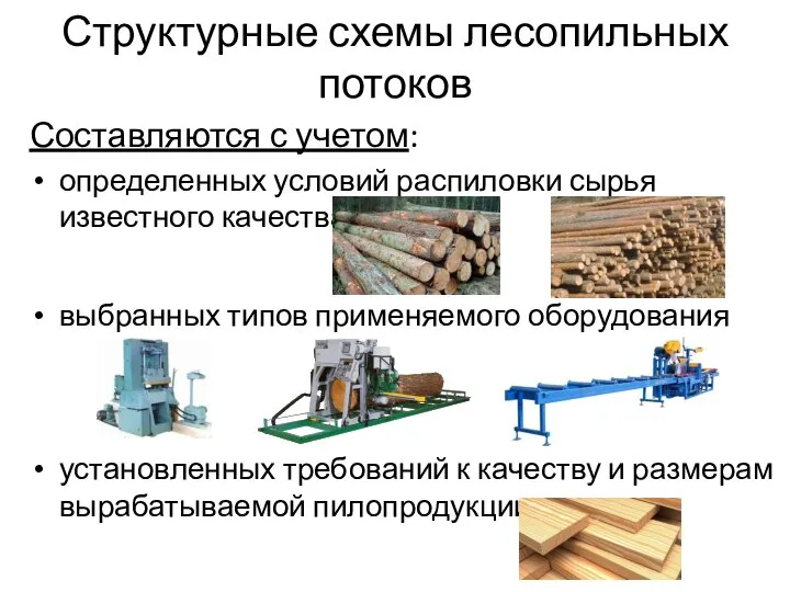 Структурные схемы лесопильных потоков Составляются с учетом: определенных условий распиловки сырья известного