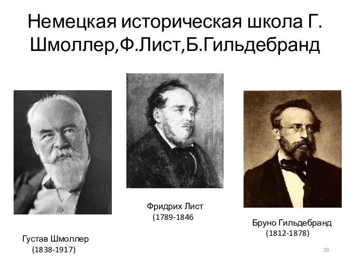 Немецкая историческая школа Г.Шмоллер,Ф.Лист,Б.Гильдебранд Густав Шмоллер (1838-1917) Фридрих Лист (1789-1846 Бруно Гильдебранд (1812-1878)