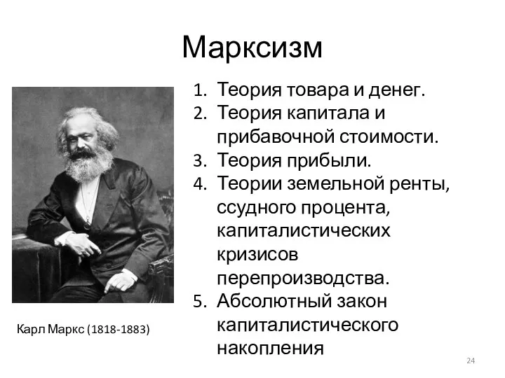 Марксизм Карл Маркс (1818-1883) Теория товара и денег. Теория капитала и прибавочной