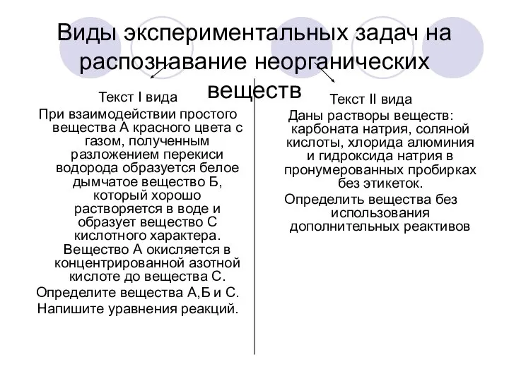 Виды экспериментальных задач на распознавание неорганических веществ Текст I вида При взаимодействии