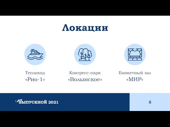 Теплоход «Рио-1» Локации Конгресс-парк «Волынское» Банкетный зал «МИР» 5 ВЫПУСКНОЙ 2021