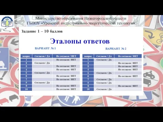 Эталоны ответов ВАРИАНТ № 1 ВАРИАНТ № 2 Задание 1 – 10