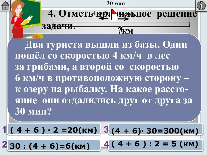 4. Отметь правильное решение задачи. 4 км/ч 30 мин 6 км/ч 1