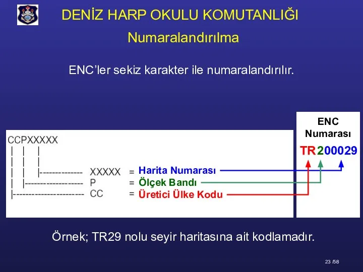 ENC’ler sekiz karakter ile numaralandırılır. ENC Numarası Numaralandırılma Örnek; TR29 nolu seyir haritasına ait kodlamadır.