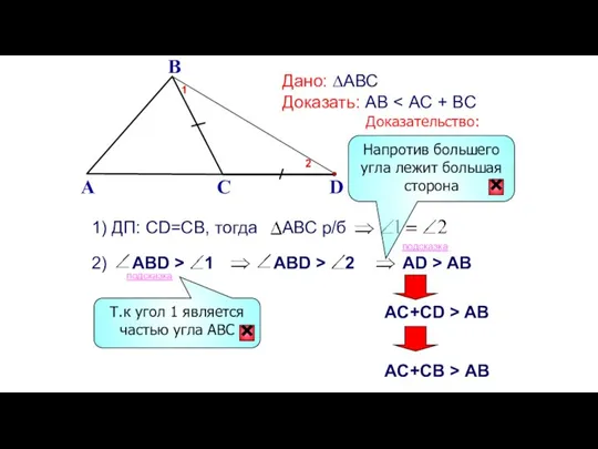 B A C Дано: ∆АВС Доказать: АВ Доказательство: 1) ДП: СD=CB, тогда АВС р/б подсказка подсказка