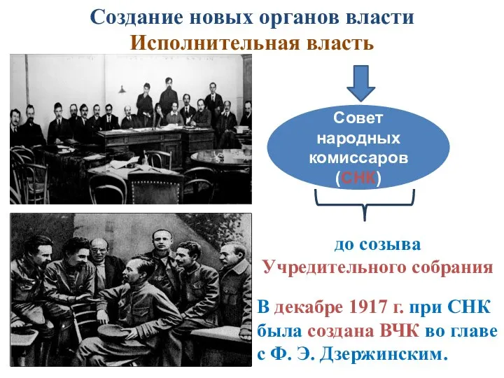 Создание новых органов власти Исполнительная власть Совет народных комиссаров (СНК) до созыва