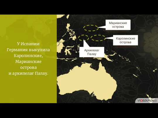 У Испании Германия выкупила Каролинские, Марианские острова и архипелаг Палау. Каролинские острова Марианские острова Архипелаг Палау