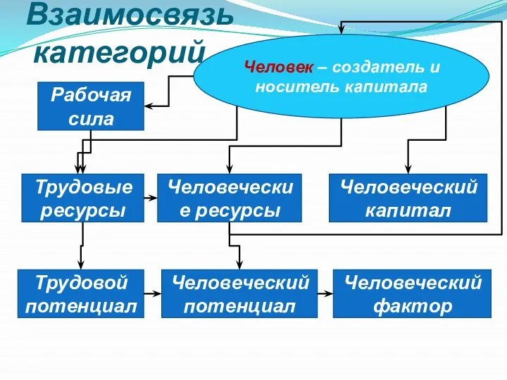 Взаимосвязь категорий Рабочая сила Трудовые ресурсы Трудовой потенциал Человеческие ресурсы Человеческий потенциал