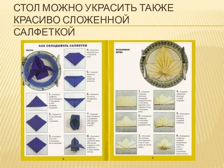 СТОЛ МОЖНО УКРАСИТЬ ТАКЖЕ КРАСИВО СЛОЖЕННОЙ САЛФЕТКОЙ