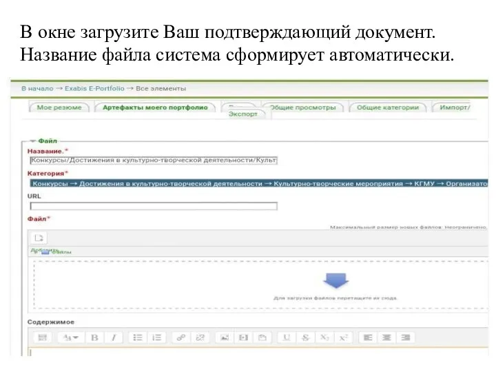 В окне загрузите Ваш подтверждающий документ. Название файла система сформирует автоматически.