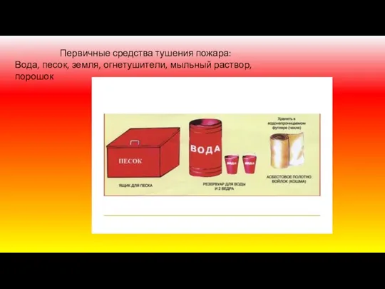 Первичные средства тушения пожара: Вода, песок, земля, огнетушители, мыльный раствор, порошок