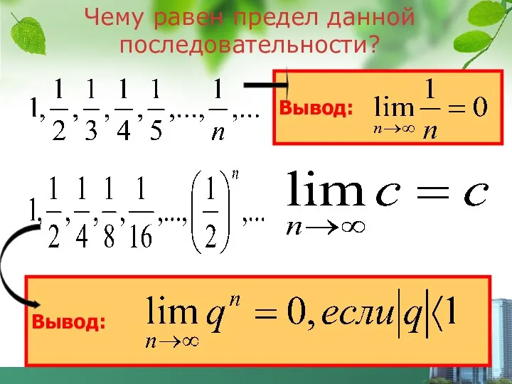 Чему равен предел данной последовательности? Вывод: Вывод: