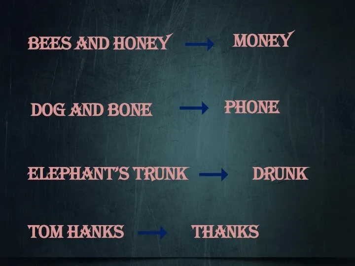 bees and honey Dog and bone PHONE Elephant’s Trunk DRUNK MONEY Tom Hanks thanks