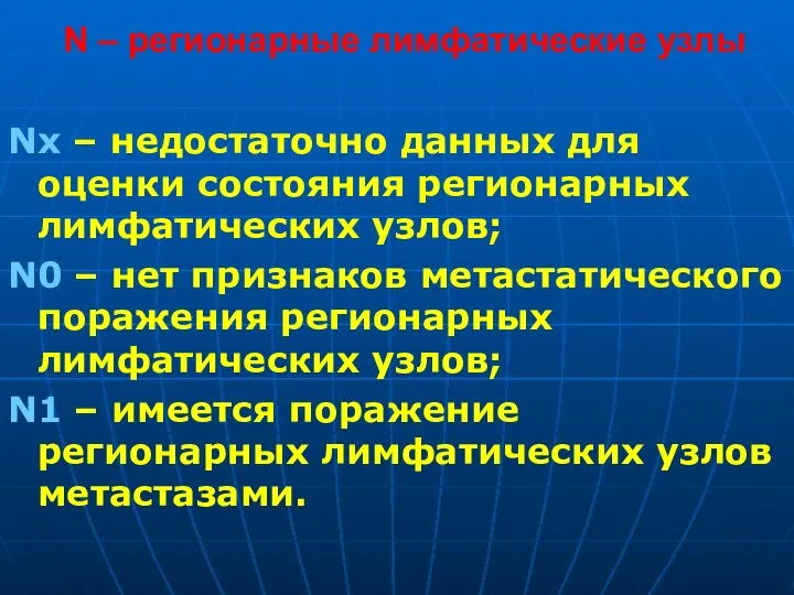 N – регионарные лимфатические узлы Nх – недостаточно данных для оценки состояния