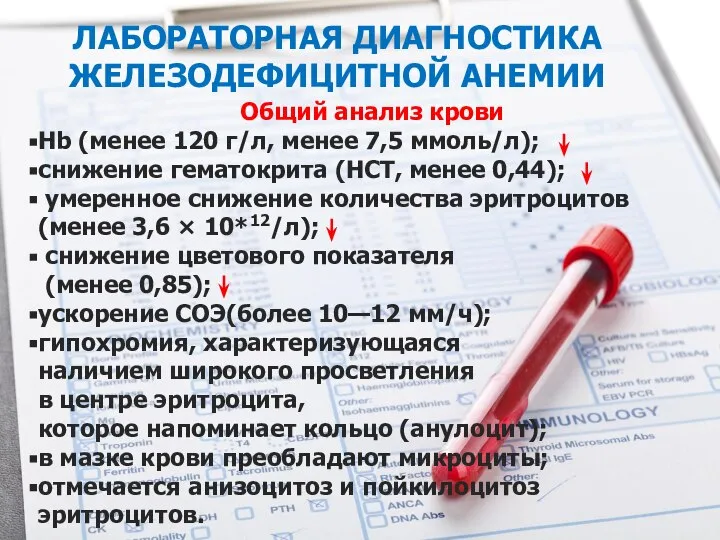 ЛАБОРАТОРНАЯ ДИАГНОСТИКА ЖЕЛЕЗОДЕФИЦИТНОЙ АНЕМИИ Общий анализ крови Hb (менее 120 г/л, менее