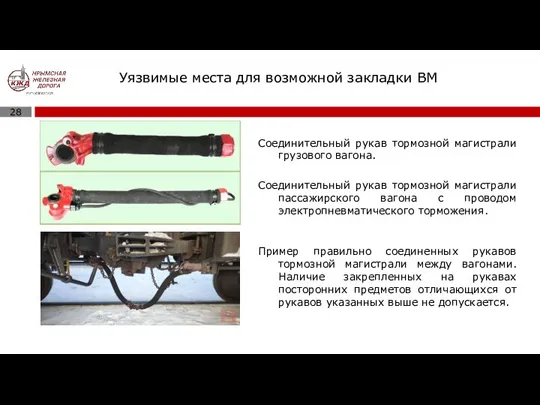 Уязвимые места для возможной закладки ВМ Соединительный рукав тормозной магистрали грузового вагона.