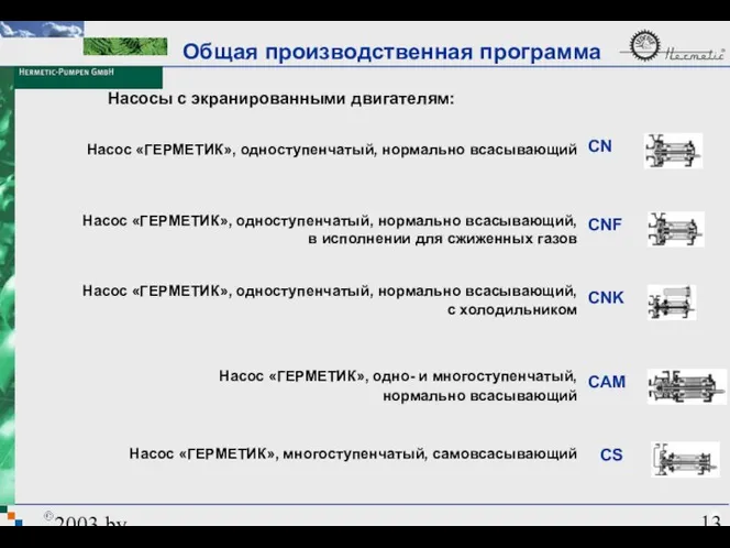 2003 by HERMETIC-Pumpen GmbH Насосы с экранированными двигателям: Насос «ГЕРМЕТИК», одноступенчатый, нормально