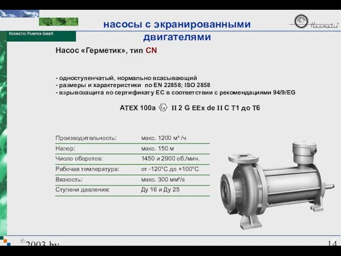 2003 by HERMETIC-Pumpen GmbH Насос «Герметик», тип CN насосы с экранированными двигателями