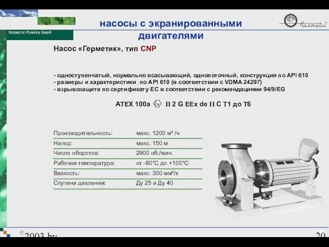 2003 by HERMETIC-Pumpen GmbH Насос «Герметик», тип CNP Производительность: Напор: Число оборотов: