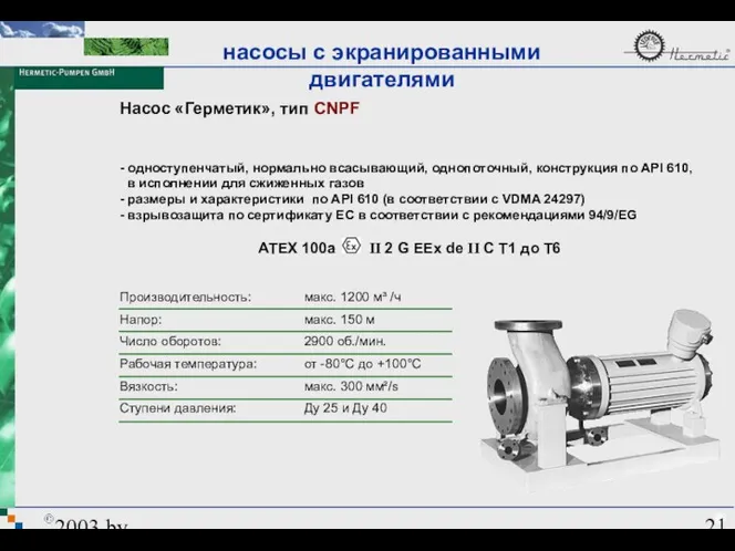 2003 by HERMETIC-Pumpen GmbH Насос «Герметик», тип CNPF - одноступенчатый, нормально всасывающий,