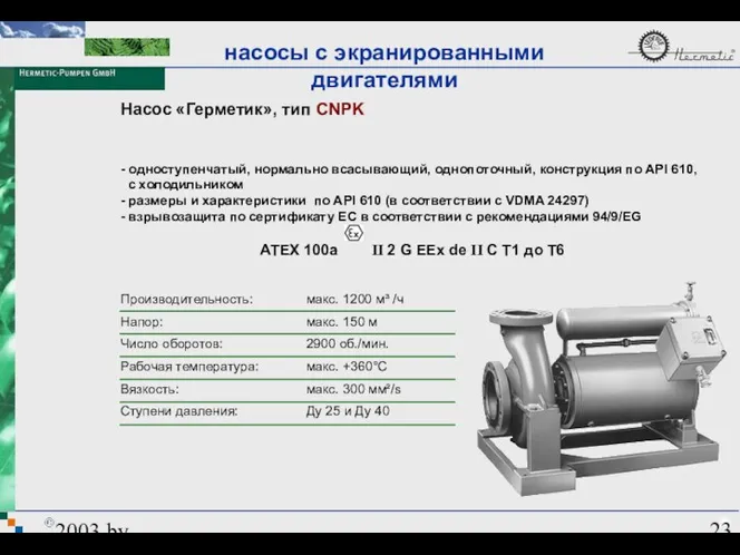 2003 by HERMETIC-Pumpen GmbH Насос «Герметик», тип CNPK Производительность: Напор: Число оборотов: