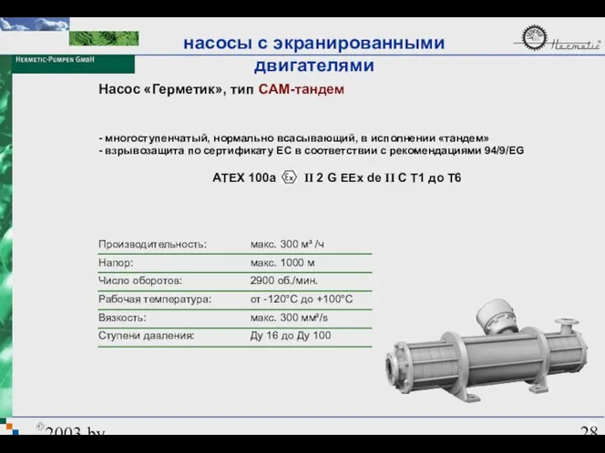 2003 by HERMETIC-Pumpen GmbH Насос «Герметик», тип CAM-тандем Производительность: Напор: Число оборотов: