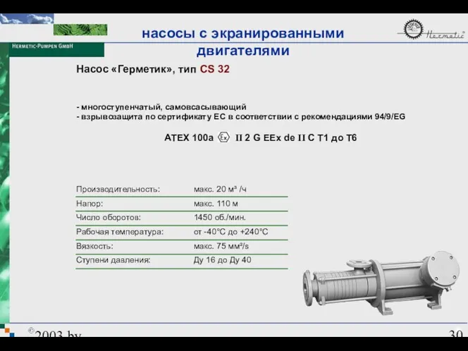 2003 by HERMETIC-Pumpen GmbH Насос «Герметик», тип CS 32 Производительность: Напор: Число