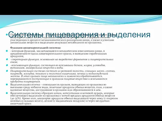 Системы пищеварения и выделения Пищеварительная система – совокупность органов пищеварения и связанных