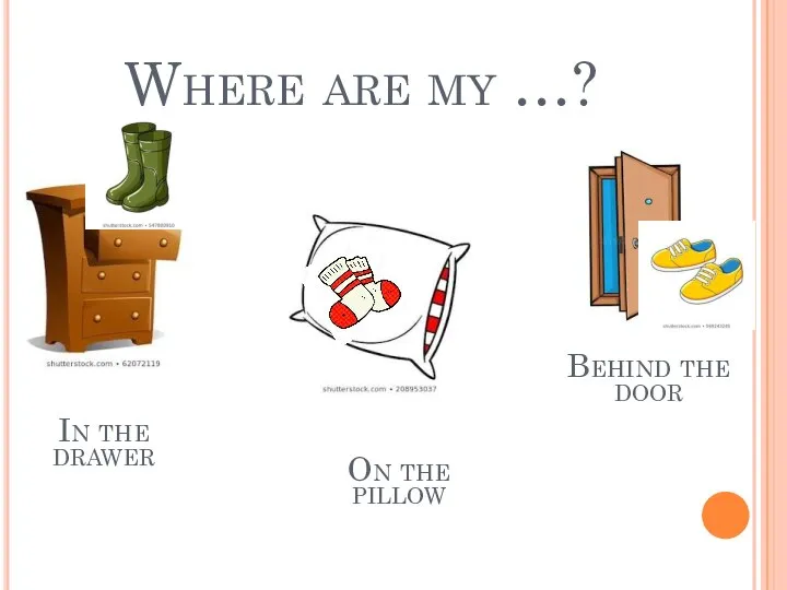 Where are my …? In the drawer On the pillow Behind the door