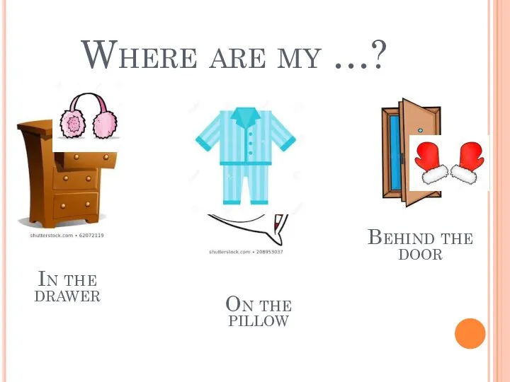 Where are my …? In the drawer On the pillow Behind the door