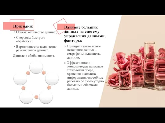 Признаки: Объем: количество данных; Скорость: быстрота обработки; Вариативность: количество разных типов данных.