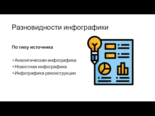 Разновидности инфографики По типу источника Аналитическая инфографика Новостная инфографика Инфографика реконструкции