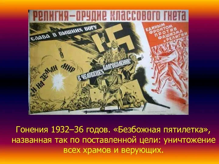 Гонения 1932–36 годов. «Безбожная пятилетка», названная так по поставленной цели: уничтожение всех храмов и верующих.