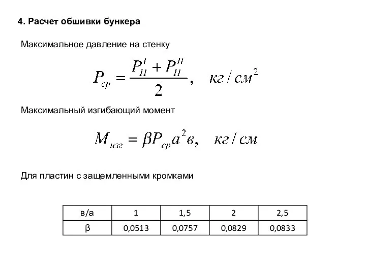 4. Расчет обшивки бункера Максимальное давление на стенку Максимальный изгибающий момент Для пластин с защемленными кромками