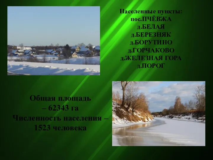 Населенные пункты: пос.ПЧЁВЖА д.БЕЛАЯ д.БЕРЕЗНЯК д.БОРУТИНО д.ГОРЧАКОВО д.ЖЕЛЕЗНАЯ ГОРА д.ПОРОГ Общая площадь