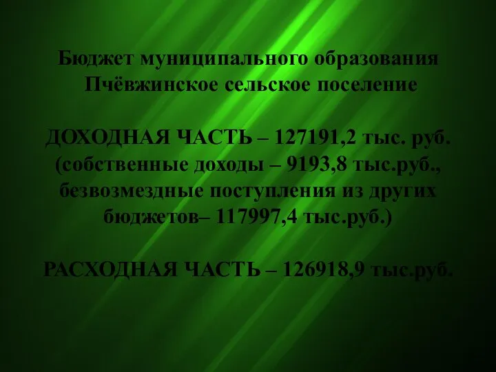 Бюджет муниципального образования Пчёвжинское сельское поселение ДОХОДНАЯ ЧАСТЬ – 127191,2 тыс. руб.