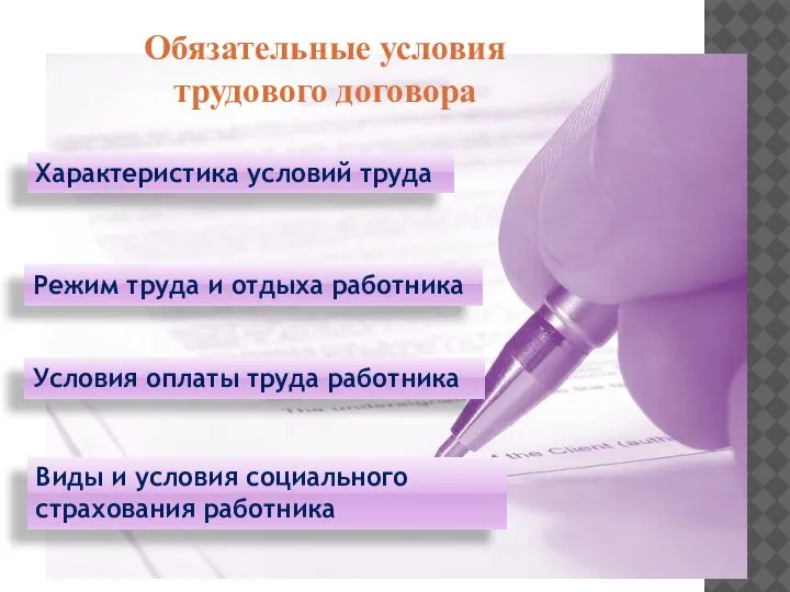 Обязательные условия трудового договора Характеристика условий труда Режим труда и отдыха работника