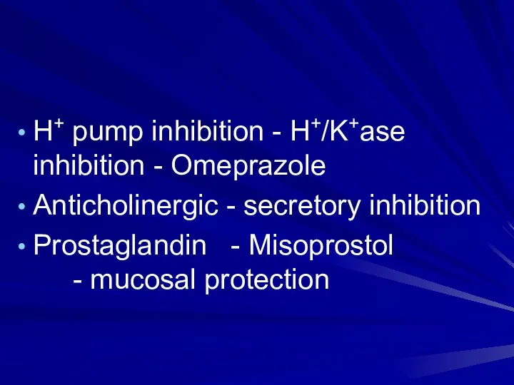 H+ pump inhibition - H+/K+ase inhibition - Omeprazole Anticholinergic - secretory inhibition