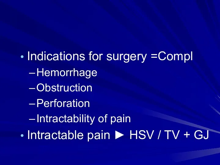 Indications for surgery =Compl Hemorrhage Obstruction Perforation Intractability of pain Intractable pain