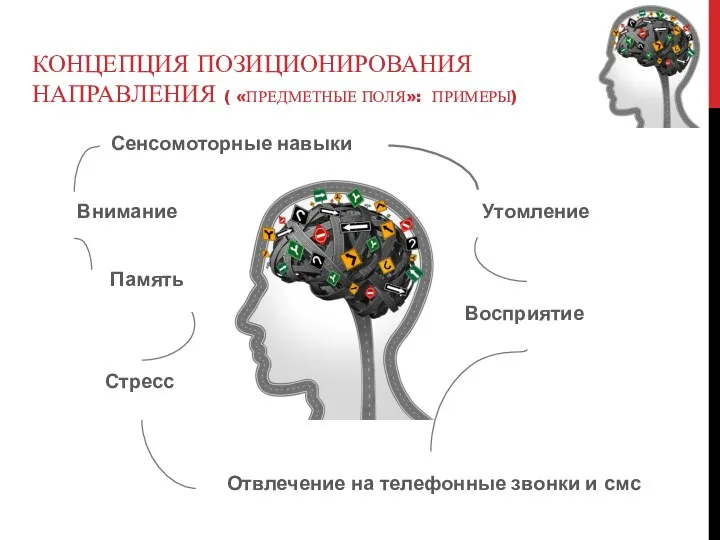 КОНЦЕПЦИЯ ПОЗИЦИОНИРОВАНИЯ НАПРАВЛЕНИЯ ( «ПРЕДМЕТНЫЕ ПОЛЯ»: ПРИМЕРЫ) Сенсомоторные навыки Внимание Утомление Память