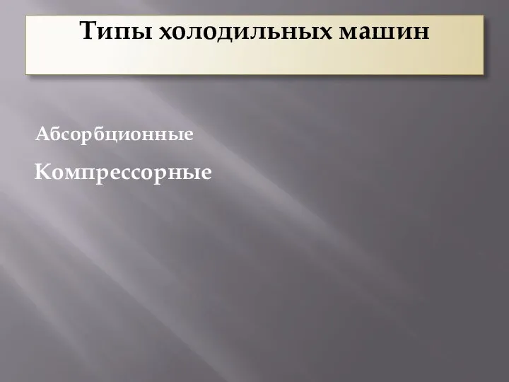 Типы холодильных машин Абсорбционные Компрессорные