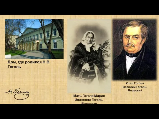 Дом, где родился Н.В. Гоголь Мать Гоголя Мария Ивановна Гоголь-Яновская Отец Гоголя Василий Гоголь-Яновский