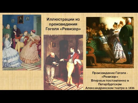 Произведение Гоголя - «Ревизор» Впервые поставленно в Петербургском Александринском театре в 1836