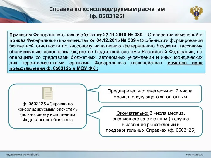 Справка по консолидируемым расчетам (ф. 0503125) Приказом Федерального казначейства от 27.11.2018 №