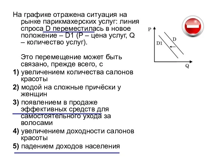 На графике отражена ситуация на рынке парикмахерских услуг: линия спроса D переместилась