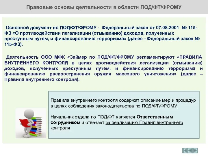 Правовые основы деятельности в области ПОД/ФТ/ФРОМУ Основной документ по ПОД/ФТ/ФРОМУ - Федеральный