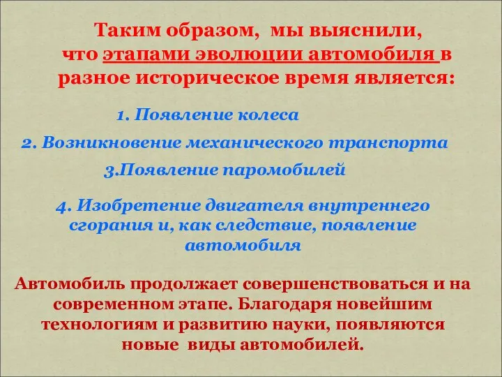 Таким образом, мы выяснили, что этапами эволюции автомобиля в разное историческое время