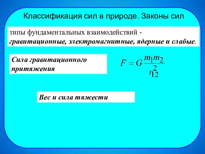 Классификация сил в природе. Законы сил типы фундаментальных взаимодействий - гравитационные, электромагнитные,